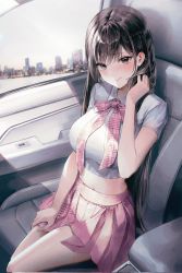 Rule 34 | 1girl, blurry, blurry background, blush, breasts, brown eyes, brown hair, car interior, character request, closed mouth, collared shirt, commentary request, copyright request, danah, eyeshadow, hand in own hair, hand on own thigh, highres, korean commentary, large breasts, long hair, looking at viewer, makeup, midriff, miniskirt, navel, neck ribbon, pink ribbon, pink skirt, plaid, plaid ribbon, plaid skirt, pleated skirt, ribbon, school uniform, shirt, short sleeves, sitting, skirt, smile, solo, swept bangs, very long hair, white shirt, window