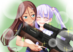 Rule 34 | 10s, 2girls, ahagon umiko, airsoft, bullpup, commentary request, dark skin, dark-skinned female, closed eyes, flower, green eyes, gun, hair flower, hair ornament, hasebe akira, long hair, multiple girls, new game!, purple hair, rifle, sniper rifle, suzukaze aoba, twintails, walther, walther wa 2000, weapon