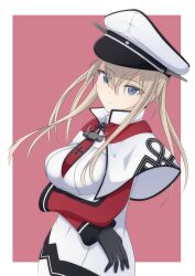 Rule 34 | 1girl, bell shireikan, black gloves, blonde hair, breasts, capelet, celtic knot, cross, crossed arms, gloves, graf zeppelin (kancolle), hair between eyes, hat, highres, iron cross, jacket, kantai collection, large breasts, long hair, long sleeves, military, military uniform, necktie, peaked cap, red necktie, sidelocks, solo, twintails, uniform, upper body, white capelet, white hat, white jacket