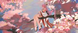 Rule 34 | 1girl, animal ears, breasts, cherry blossoms, detached sleeves, fox ears, genshin impact, hair ornament, highres, in tree, japanese clothes, kimono, large breasts, long hair, nineye, nontraditional miko, pink hair, purple eyes, sideboob, sitting, sitting in tree, sleeveless, sleeveless kimono, solo, thighs, tree, yae miko
