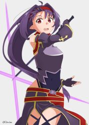 Rule 34 | 1girl, absurdres, ahoge, armor, breastplate, covered navel, fingerless gloves, gloves, hairband, highres, holding, holding sword, holding weapon, kizu-kun, long hair, looking at viewer, obsidian slasher, open mouth, pointy ears, purple gloves, purple hair, red eyes, red hairband, solo, sword, sword art online, teeth, twitter username, upper teeth only, very long hair, weapon, yuuki (sao)
