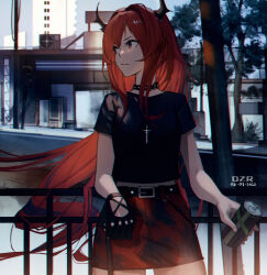 Rule 34 | 1girl, against railing, arknights, belt, belt buckle, black gloves, black shirt, buckle, can, cross, cross necklace, danzir, dated, day, drink can, gloves, highres, holding, holding can, horns, jewelry, long hair, looking away, looking to the side, midriff peek, necklace, outdoors, purple eyes, railing, red hair, red skirt, shirt, short sleeves, signature, single glove, skirt, soda can, solo, surtr (arknights), surtr (liberte echec) (arknights), town, tree, v-shaped eyebrows, very long hair