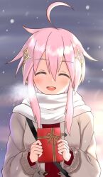 Rule 34 | 1girl, ahoge, blush, box, breath, brown jacket, chocolate, closed eyes, commentary, fudou yukimitsu (tenka hyakken), gift, gift box, goririnmaru, hair ornament, highres, holding, holding gift, jacket, long sleeves, open clothes, open jacket, open mouth, pink hair, scarf, short hair with long locks, smile, snowing, solo, teeth, tenka hyakken, upper body, upper teeth only, valentine, white scarf, winter, winter clothes