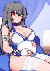 Rule 34 | azur lane, belly rub, blue curtain, blue flower, blue ribbon, blue rose, blush, breasts, dress, flower, gloves, grey hair, hair ornament, hand on own stomach, kwaejina, lamp, large breasts, long hair, mole, mole on collarbone, mole under eye, pregnant, red eyes, ribbon, rose, saint-louis (azur lane), saint-louis (holy knight&#039;s resplendence) (azur lane), sitting, sitting on pillow, smile, thighhighs, white dress, white gloves, white thighhighs