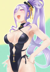 Rule 34 | 1girl, absurdres, bare shoulders, black one-piece swimsuit, breasts, cleavage, earrings, fangs, fate/grand order, fate (series), hair between eyes, hair ornament, hair scrunchie, highleg, highleg swimsuit, highres, jewelry, large breasts, long hair, looking at viewer, megamegaglass, one-piece swimsuit, open mouth, purple eyes, purple hair, scrunchie, side ponytail, sidelocks, smile, solo, swimsuit, very long hair, wrist scrunchie, wu zetian (fate), wu zetian (swimsuit caster) (fate), wu zetian (swimsuit caster) (first ascension) (fate)
