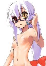 Rule 34 | 1girl, armpits, bow, breasts, flat chest, glasses, hair bow, heterochromia, long hair, nipples, nude, original, red eyes, scales, small breasts, solo, unaji, white hair, yellow eyes