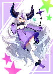 Rule 34 | 1girl, ahoge, blush, braid, breasts, collar, covered navel, demon horns, dress, grey hair, highres, hololive, horns, la+ darknesss, long hair, looking at viewer, metal collar, multicolored hair, open mouth, pointy ears, purple dress, purple footwear, purple hair, purple horns, see-through, see-through dress, shoes, single braid, small breasts, smile, solo, streaked hair, striped horns, tail, teeth, thighhighs, tsurugi hikaru, upper teeth only, very long hair, virtual youtuber, white thighhighs, yellow eyes