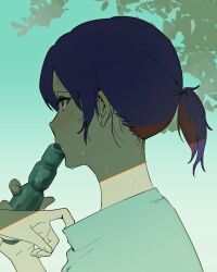 Rule 34 | 1girl, alternate costume, blue hair, blush, bottle, collar tug, colored inner hair, commentary, foliage, from side, furrowed brow, gradient background, green background, grey shirt, half-closed eyes, hands up, highres, holding, holding bottle, hot, kamitsubaki studio, kj keiji, looking ahead, low ponytail, multicolored hair, portrait, profile, ramune, red hair, rim (kamitsubaki studio), shirt, solo, sweat, very sweaty, virtual youtuber