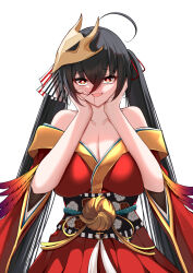 Rule 34 | 1girl, absurdres, ahoge, azur lane, bare shoulders, bird mask, black hair, black sash, bow, breasts, catnnn, cleavage, collarbone, crossed bangs, drooling, eyebrows hidden by hair, fang, feathers, floral print, hair bow, hair ribbon, hands on own cheeks, hands on own face, heart, heart-shaped pupils, highres, japanese clothes, kimono, large breasts, long hair, looking at viewer, mask, mask on head, mouth drool, off shoulder, open mouth, red eyes, red kimono, red ribbon, ribbon, sash, skin fang, solo, striped, striped bow, symbol-shaped pupils, taihou (azur lane), tassel, twintails, very long hair, yandere trance