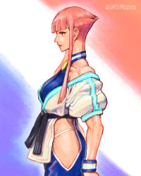 Rule 34 | 1girl, absurdres, belt, black belt, blue pants, breasts, capcom, dougi, from side, halterneck, highres, hip vent, large breasts, manon legrand, martial arts belt, off shoulder, panties, pants, panty straps, pink hair, quasimodox, short hair with long locks, solo, street fighter, street fighter 6, underwear, white panties, wristband