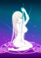 Rule 34 | 1girl, barefoot, black background, blue background, blush, breasts, brown hair, cherry blossoms, collarbone, doku momo, green background, holding, katana, kneeling, large breasts, long hair, looking at viewer, magic circle, multicolored background, navel, nipples, nude, open mouth, pink eyes, purple background, seven knights, shane (seven knights), sword, weapon