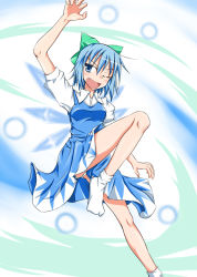 Rule 34 | 1girl, ;d, arms up, bare legs, blue dress, blue eyes, blue hair, blush, bow, cirno, crystal, dress, female focus, green bow, ice, ice wings, kirino souya, looking at viewer, matching hair/eyes, one eye closed, open mouth, puffy short sleeves, puffy sleeves, shoot the bullet, short sleeves, smile, socks, solo, souya, tareme, thighs, touhou, white socks, wings