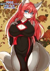 Rule 34 | 1girl, blue eyes, borrowed character, chinese clothes, dog, furry, furry female, highres, long hair, megane inu, red hair, smile, solo