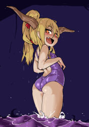 Rule 34 | 1girl, alternate hairstyle, ass, blonde hair, commentary request, fang, from behind, horns, ibuki suika, looking back, mersoleil03, one-piece swimsuit, oni horns, open mouth, orange eyes, petite, ponytail, purple one-piece swimsuit, smile, solo, swimsuit, touhou, wading, wet