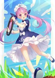 Rule 34 | 1girl, blush, colored inner hair, commentary request, drill hair, full body, grass, hair ribbon, highres, hololive, long hair, maid headdress, minato aqua, minato aqua (1st costume), multicolored hair, nail polish, open mouth, ribbon, ring fit adventure, solo, sweat, tokoshibyra, twin drills, virtual youtuber