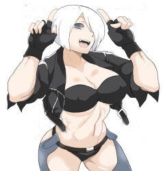Rule 34 | 1girl, abs, angel (kof), backless pants, blue eyes, bra, breasts, chaps, cleavage, cropped jacket, horns pose, fingerless gloves, gloves, hair over one eye, highres, horns pose, index fingers raised, jacket, large breasts, leather, leather jacket, looking at viewer, midriff, navel, panties, pants, ryu3224, short hair, smile, snk, solo, strapless, strapless bra, the king of fighters, the king of fighters xiv, toned, underwear, white hair