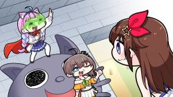 Rule 34 | 3girls, :3, ahoge, animal ear fluff, animal ears, blue eyes, blue hair, blue hairband, braid, brick wall, brown hair, cape, cat, cat ears, commentary request, crown braid, dutch angle, hair ornament, hairband, highres, hololive, jacket, komainu channel, low twin braids, minato aqua, multicolored hair, multiple girls, natsuiro matsuri, natsuiro matsuri (1st costume), navel, neko (minato aqua), off-shoulder shirt, off shoulder, one eye closed, open mouth, pink hair, pleated skirt, pointing, pointing at self, red cape, shirt, side ponytail, skirt, smile, star-shaped eyewear, star (symbol), star hair ornament, streaked hair, sunglasses, tokino sora, tokino sora (1st costume), twin braids, two-tone hair, virtual youtuber, white jacket
