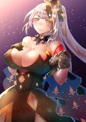 Rule 34 | absurdres, black dress, black gloves, breasts, cleavage, curecycad08, dress, fate/grand order, fate (series), gloves, hair ornament, hand on own chest, highres, large breasts, long hair, looking at viewer, marie antoinette (alter) (fate), marie antoinette (fate), pale skin, side ponytail, smile, yellow eyes