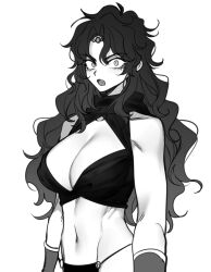Rule 34 | 1girl, battle tendency, breasts, circlet, cleavage cutout, clothing cutout, constricted pupils, crop top, fang, genderswap, genderswap (mtf), gloves, gradient hair, greyscale, jojo no kimyou na bouken, kars (jojo), large breasts, loincloth, long hair, looking at viewer, monochrome, multicolored hair, open mouth, sempon (doppio note), slit pupils, solo, very long hair