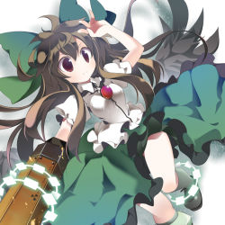 Rule 34 | 1girl, arm cannon, asymmetrical clothes, asymmetrical footwear, bow, brown hair, cape, female focus, hair bow, long hair, mismatched footwear, radiation symbol, red eyes, reiuji utsuho, solo, tomatomato (tomato kanzume), touhou, weapon, wings