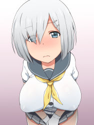 Rule 34 | 1girl, blue eyes, blush, breasts, closed mouth, elf k, embarrassed, eyebrows, full-face blush, gloves, hair over one eye, hamakaze (kancolle), highres, kantai collection, large breasts, legs, looking at viewer, own hands together, school uniform, short hair, simple background, skirt, solo, thighs, white gloves, white hair