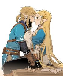 Rule 34 | 1boy, 1girl, arm around waist, belt, belt pouch, black gloves, black pants, blonde hair, blue shirt, blush, braid, closed eyes, crown braid, earrings, fingerless gloves, from side, gloves, green eyes, hair ornament, hairclip, hand on another&#039;s cheek, hand on another&#039;s face, hetero, highres, imminent kiss, jewelry, link, long hair, long sleeves, nintendo, on table, pants, paper, parted lips, pointy ears, pouch, princess zelda, profile, shirt, short hair, short ponytail, simple background, sitting, standing, table, the legend of zelda, very long hair, white background, wufaxianshi cnd