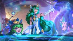 Rule 34 | 3girls, :d, armpits, artist request, bare shoulders, black thighhighs, blue bow, blue bowtie, bow, bowtie, dress, drill hair, fangs, gloves, green eyes, green hair, hair ornament, horns, jinx (league of legends), league of legends, legends of runeterra, long hair, lulu (league of legends), monster, multiple girls, open mouth, pointing, red hair, shirt, single horn, smile, soraka (league of legends), spacecraft interior, star (symbol), star guardian (league of legends), star guardian jinx, star guardian lulu, star guardian soraka, teeth, thighhighs, tongue, twin drills, twintails, upper teeth only, white gloves, white shirt, yordle