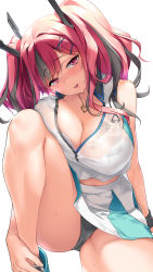 Rule 34 | 1girl, azur lane, bare shoulders, black panties, blush, bra, breasts, bremerton (azur lane), bremerton (scorching-hot training) (azur lane), cleavage, collarbone, crop top, crop top overhang, heart, heart necklace, highres, jewelry, knee up, large breasts, long hair, looking at viewer, multicolored hair, necklace, neko ni mieru, open mouth, panties, pink eyes, pink hair, see-through, sidelocks, simple background, sitting, solo, sportswear, streaked hair, sweat, tennis uniform, twintails, two-tone shirt, two-tone skirt, underwear, white background, white bra, wristband