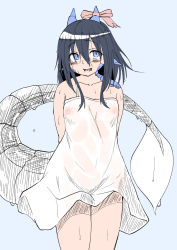 Rule 34 | 1girl, arms behind back, bare shoulders, black hair, blue background, blue eyes, blush, bow, breasts, collarbone, commentary request, dragon girl, dragon horns, dragon tail, dress, hair between eyes, highres, horn bow, horn ornament, horns, kagarimachi konatsu, leaf-chan, open mouth, original, pink bow, scales, simple background, sleeveless, sleeveless dress, small breasts, solo, standing, tail, white dress