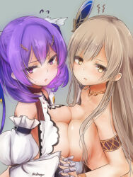 Rule 34 | 2girls, akino shuu, aran (sennen sensou aigis), breast press, breasts, breasts out, brown eyes, brown hair, character request, commentary request, detached sleeves, dress, flying sweatdrops, grey background, holding hands, interlocked fingers, juliet sleeves, long hair, long sleeves, mechanical arms, medium breasts, multiple girls, nude, parted lips, puffy sleeves, purple eyes, purple hair, sennen sensou aigis, simple background, single mechanical arm, sweat, symmetrical docking, v-shaped eyebrows, very long hair, white dress, white sleeves