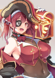 Rule 34 | 1girl, akazawa kureha, breasts, cleavage, commentary request, covered navel, eyepatch, grey background, hair ribbon, hololive, houshou marine, large breasts, looking at viewer, open mouth, red eyes, red hair, ribbon, see-through, see-through cleavage, simple background, smile, solo, teeth, treasure chest, upper teeth only, virtual youtuber