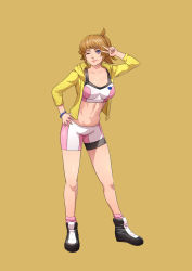 Rule 34 | 1girl, absurdres, bike shorts, blue eyes, breasts, cirenk, cleavage, closed mouth, commission, gundam, gundam build fighters, gundam build fighters try, hand on own hip, highres, hoshino fumina, looking at viewer, midriff, navel, painting (medium), ponytail, short hair, simple background, solo, sports bra, standing, traditional media, two-tone sports bra, watercolor (medium)