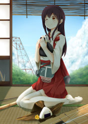 Rule 34 | 10s, 1girl, akagi (kancolle), blush, commentary request, eating, food, highres, ilis, kantai collection, long hair, one eye closed, onigiri, sitting, smile, solo, thighhighs, wariza, white thighhighs, wink