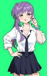 Rule 34 | 1girl, black necktie, black skirt, blush, breasts, cleavage, collarbone, collared shirt, commentary request, green background, green eyes, green nails, hand on own hip, highres, koaraya, link! like! love live!, long hair, looking at viewer, love live!, necktie, otomune kozue, pleated skirt, purple hair, scrunchie, shirt, side ponytail, sidelocks, skirt, sleeves rolled up, solo, standing, tongue, tongue out, upper body, virtual youtuber, white shirt, wrist scrunchie