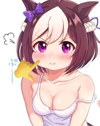 Rule 34 | 1girl, animal ears, annoyed, bare shoulders, blush, bow, braid, breasts, brown hair, casual, cheek poking, cleavage, closed mouth, collarbone, commentary request, ear bow, french braid, hair between eyes, highres, horse ears, horse tail, looking at viewer, medium breasts, medium hair, mochitsuki wataame, multicolored hair, poking, pout, purple eyes, simple background, solo, special week (umamusume), strap slip, streaked hair, tail, umamusume, upper body, white background, white hair