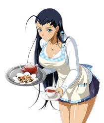 Rule 34 | 00s, 1girl, apron, black hair, blue eyes, breasts, cleavage, cup, earrings, holding, ikkitousen, jewelry, kakouen myousai, large breasts, long hair, looking at viewer, magatama, magatama earrings, simple background, solo, teacup, white background