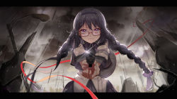 Rule 34 | absurdres, aiming, aiming at viewer, akemi homura, beads, black hair, braid, cloud, cloudy sky, crying, crying with eyes open, dress, frown, glasses, grey dress, grey sky, gun, hair beads, hair ornament, handgun, highres, huge filesize, kyubey, letterboxed, looking at viewer, mahou shoujo madoka magica, mahou shoujo madoka magica (anime), momuraer, overcast, pistol, rain, red ribbon, ribbon, shine, sig p228/p229, sig sauer, sig p228/p229, sky, storm, tears, twin braids, utility pole, weapon, white sky, wreckage