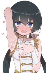 Rule 34 | 1girl, arm up, armpits, bare shoulders, black hair, blue eyes, cum, cum on armpits, cum on body, cum on hair, hair between eyes, hair ribbon, heart, idoly pride, long hair, looking at viewer, okuyama sumire, open mouth, ribbon, simple background, smile, solo, sumiyao (amam), twintails, upper body, white background, white ribbon