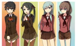 Rule 34 | 4girls, annin musou, aqua hair, arm behind back, arms behind back, bad id, bad twitter id, black hair, blue eyes, breasts, brown hair, cosplay, costume switch, green eyes, green hair, grey eyes, hair ornament, hair ribbon, hairclip, hand on own hip, jacket, kantai collection, kumano (kancolle), long hair, looking at viewer, mikuma (kancolle), mikuma (kancolle) (cosplay), mogami (kancolle), mogami (kancolle) (cosplay), multiple girls, one eye closed, open mouth, own hands together, pleated skirt, ponytail, ribbon, school uniform, serafuku, short hair, shorts, skirt, smile, suzuya (kancolle), suzuya (kancolle) (cosplay), swept bangs, thighhighs, twintails