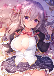 Rule 34 | 1girl, :o, areola slip, black jacket, breasts, cleavage, commentary request, cropped jacket, flower, frilled skirt, frills, gold trim, hands up, jacket, juliet sleeves, large breasts, long hair, long sleeves, looking at viewer, lying, miniskirt, mitsuba choco, navel, no bra, official art, on back, open clothes, open jacket, open shirt, original, panties, parted lips, partially unbuttoned, petals, pink flower, puffy sleeves, purple eyes, shirt, silver hair, skirt, solo, stomach, striped clothes, striped skirt, underwear, white panties, white shirt