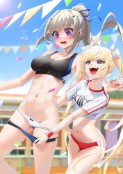 Rule 34 | 2girls, :d, absurdres, ahoge, armpit crease, bare shoulders, black buruma, black sports bra, blonde hair, blue eyes, blue ribbon, blue sky, blush, breasts, buruma, buruma pull, cameltoe, cleavage, cleft of venus, clothes pull, cloud, collarbone, commentary, commission, confetti, counter:side, cowboy shot, crop top, day, fangs, gluteal fold, grey hair, groin, gym uniform, hair between eyes, hair intakes, hair ornament, hair ribbon, hairclip, highres, long hair, looking at another, looking down, medium breasts, multiple girls, naielle bluesteel, navel, open mouth, outdoors, panties, panty pull, ponytail, pulling another&#039;s clothes, purple eyes, red buruma, ribbon, seo yoon, shirt, short sleeves, sidelocks, signature, skindentation, sky, smile, sports bra, sports festival, sportswear, standing, standing on one leg, stomach, string of flags, sunlight, sweat, taut clothes, teddyellow, twintails, underwear, very long hair, white panties, white ribbon, white shirt