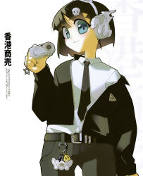 Rule 34 | 1girl, belt, black jacket, black necktie, black pants, blue eyes, brown hair, camera, closed mouth, collared shirt, cowboy shot, eyes visible through hair, hair ornament, hand up, headphones, highres, holding, holding camera, jacket, charm (object), long sleeves, looking at viewer, necktie, off shoulder, original, pants, shirt, short hair, simple background, skull hair ornament, smile, solo, star (symbol), vinne, white background, white shirt