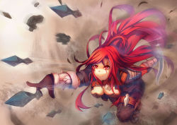 Rule 34 | 1girl, bad id, bad pixiv id, belt, breasts, cleavage, cropped jacket, dagger, katarina (league of legends), knife, large breasts, league of legends, long hair, midriff, red eyes, red hair, scar, scar across eye, scar on face, vococo, weapon