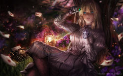Rule 34 | 10s, 1girl, artist name, artofkuzu, black legwear, blonde hair, blue eyes, blurry, blurry foreground, breasts, brooch, dark, dress, envelope, flower, gem, grass, hair between eyes, hair intakes, hand on own chest, hand up, highres, holding, jewelry, lantern, letter, long hair, long sleeves, looking at viewer, mechanical arms, mechanical hands, outdoors, parted lips, prosthesis, prosthetic arm, prosthetic hand, realistic, reclining, ribbed dress, single mechanical arm, single mechanical hand, solo, tree, typewriter, violet evergarden, violet evergarden (series), white neckwear