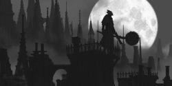 Rule 34 | 1other, ambiguous gender, artist name, bloodborne, capelet, circular saw, city, coat, copyright name, from side, full moon, gloves, grey theme, greyscale, gun, hat, highres, holding, holding gun, holding weapon, hunter (bloodborne), monochrome, moon, night, outdoors, saw, scenery, tricorne, tripdancer, weapon