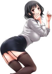 Rule 34 | 10s, 1girl, alternate costume, black hair, black panties, black thighhighs, breasts, garter straps, jpeg artifacts, kantai collection, large breasts, leaning forward, lips, looking at viewer, office lady, panties, parted lips, pencil skirt, red eyes, sakiyamama, short hair, simple background, skirt, solo, takao (kancolle), thighhighs, underwear, white background