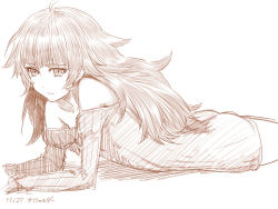 Rule 34 | 1girl, ahoge, ass, bare shoulders, collarbone, dated, highres, hiyajou maho, long hair, lying, messy hair, monochrome, on stomach, sketch, smile, solo, steins;gate, steins;gate 0, strapless, tagme, very long hair