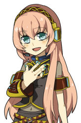 Rule 34 | 1girl, bad id, bad pixiv id, belt, buckle, headphones, long hair, megurine luka, microphone, molly, navel, open mouth, pink eyes, pink hair, simple background, smile, solo, vocaloid
