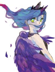 Rule 34 | 1girl, blue hair, feathered wings, floating hair, horns, looking back, luna (my little pony), matsusaka, my little pony, my little pony: friendship is magic, personification, single horn, solo, wind, wings