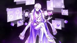 Rule 34 | 1boy, add (elsword), artist request, buttons, coat, cropped legs, crossed legs, dominator (elsword), double-breasted, elsword, gloves, grin, highres, jacket, jacket on shoulders, looking at viewer, male focus, official art, pants, purple background, purple eyes, shoes, smile, solo, white coat, white footwear, white gloves, white hair, white pants